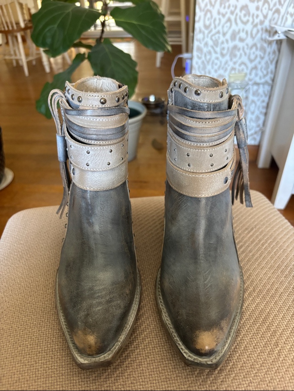 freebird Metallic Gray Studded Ankle Boots with Fringe Strap - Picture 3 of 4